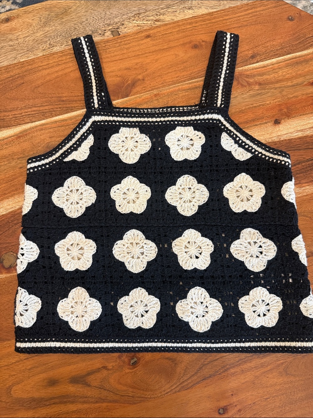 Zara Girls Black Crochet Tank with Cream Floral Motifs size 9/10